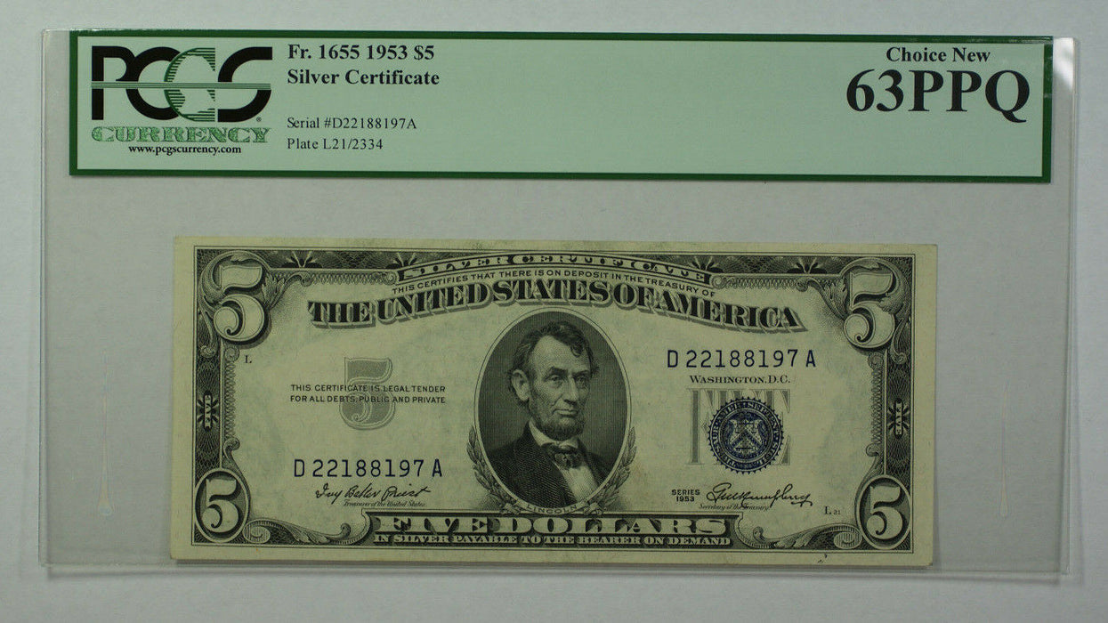 1953 $5 Bill Silver Certificate Note Currency PCGS 63PPQ Fr. 1655 (B)