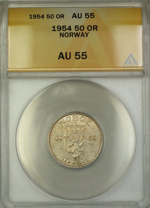 1954 Norway 50 Ore Coin ANACS AU-55