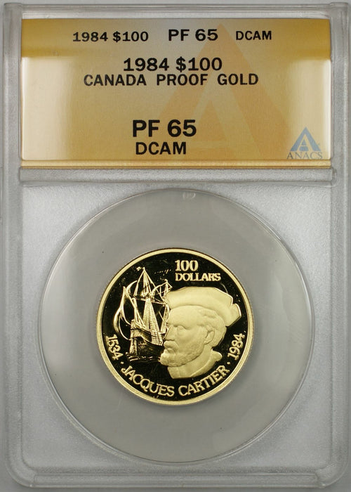 1984 Proof Canada Jacques Cartier 1/2 oz Gold Coin $100 ANACS PF-65 DCAM (AMT)