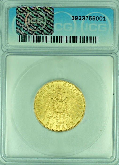 1898-A G.S. Prussia 20 Marks Gold Coin ICG AU 58