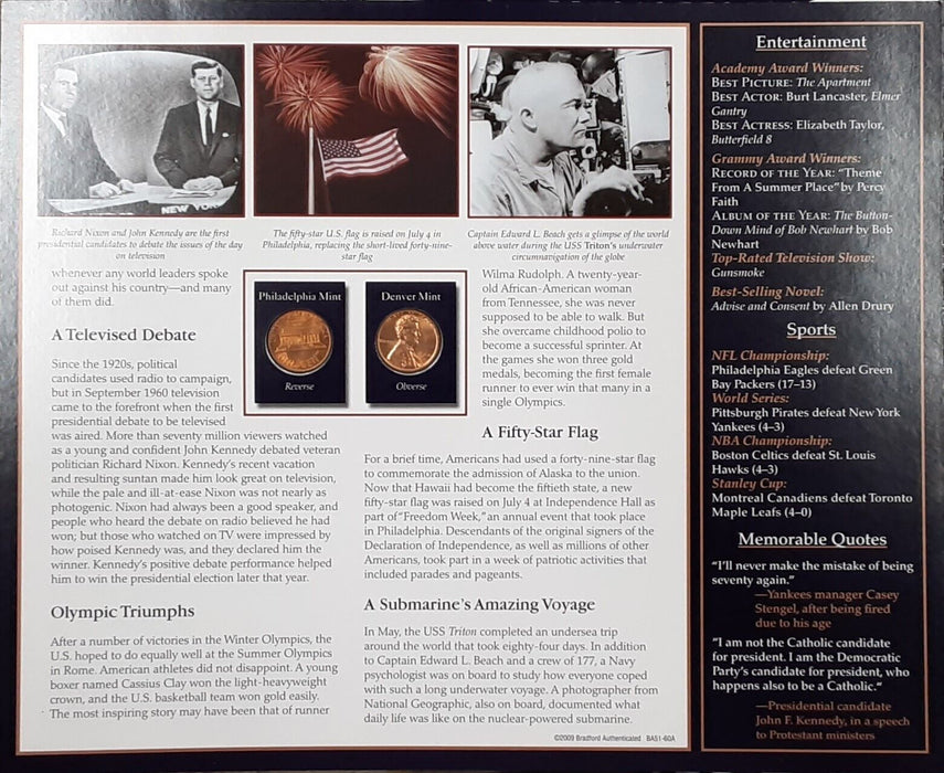 1960 Lincoln Cent / The Years Historic Events on Informative Card - See Photos