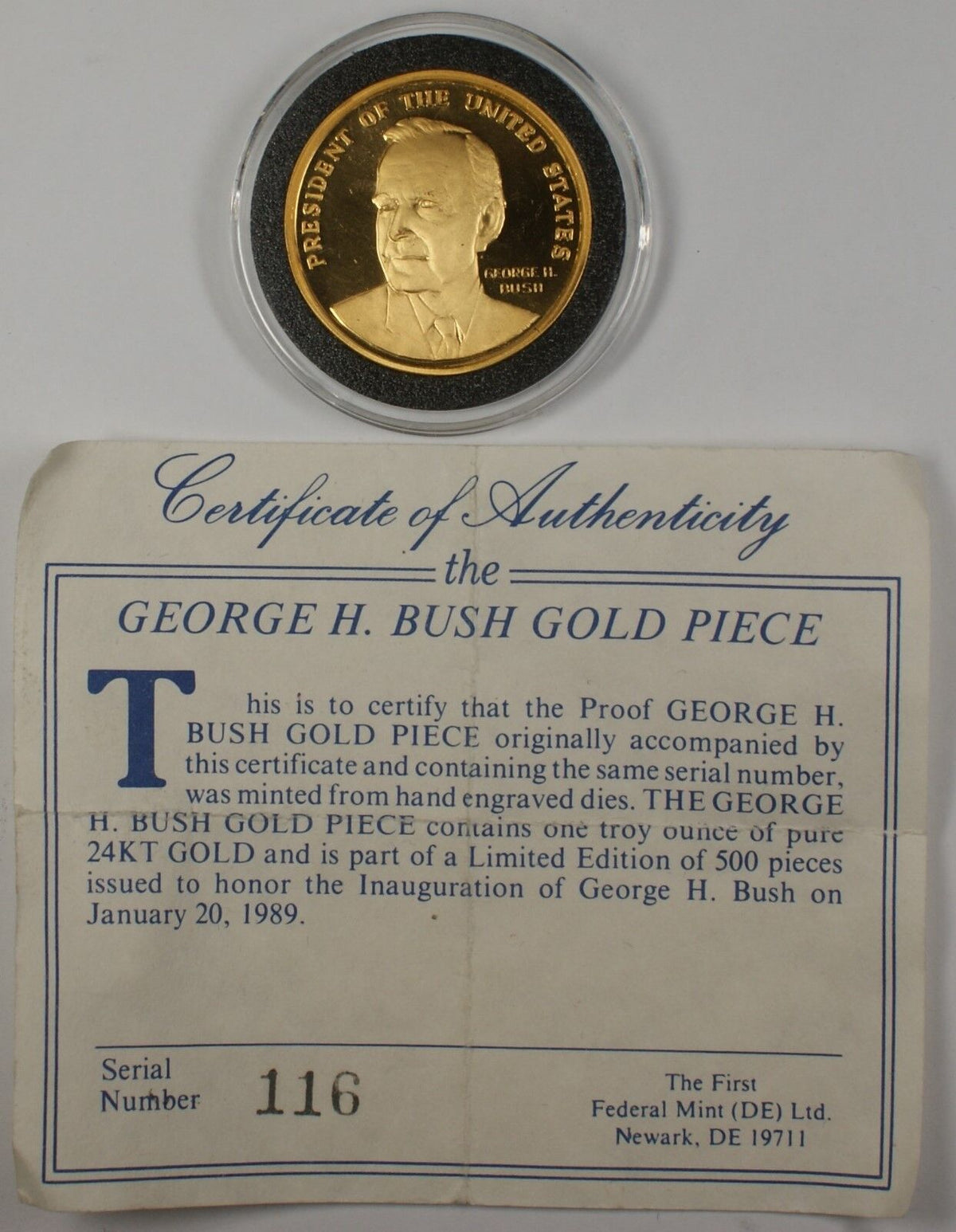 1989 George H Bush Gold Inaugural 24kt Gold Proof Medal Only 500 Issue —  Juliancoin