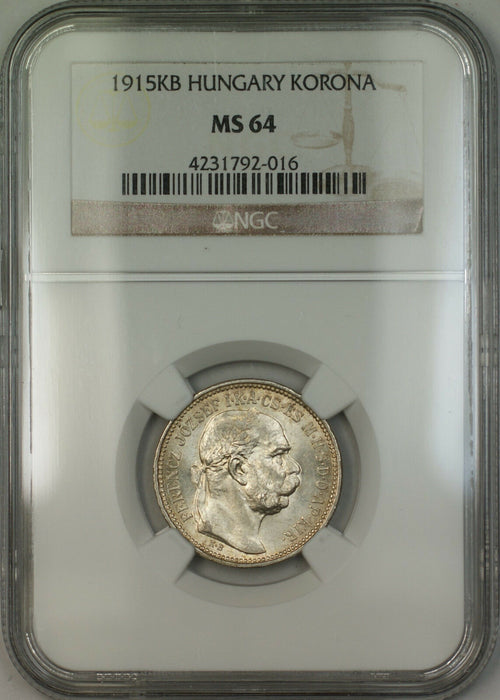 1915-KB Hungary Silver Korona Coin NGC MS-64 Lightly Toned (B)