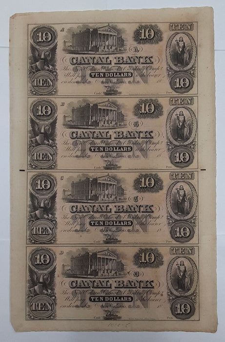 Canal Bank of LA $10 Uncut Sheet New Orleans LA  Remainder Notes AU-See Photos