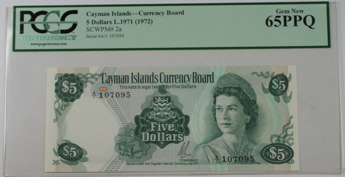 L.1971 (1972) Cayman Islands Currency Board $5 Note SCWPM 2a PCGS 65 PPQ Gem New