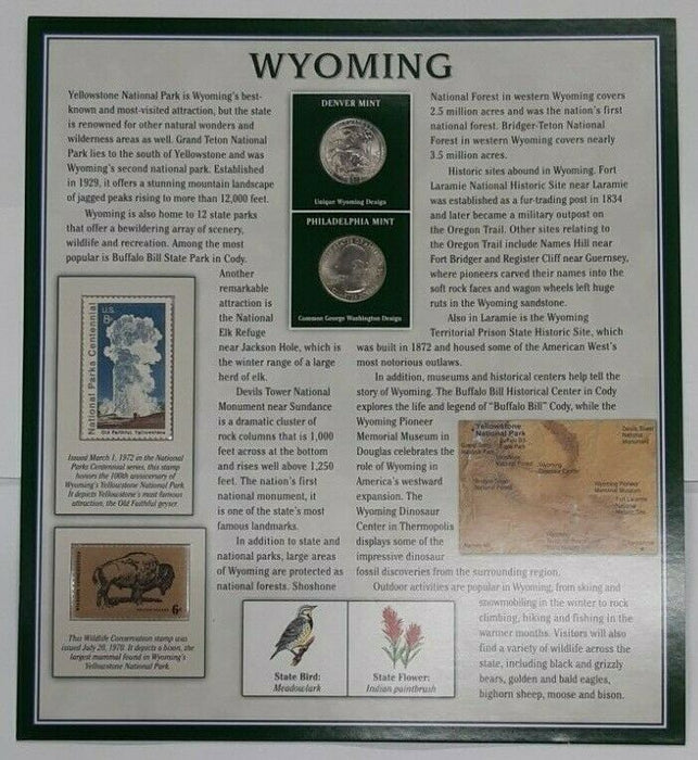 2010 Wyoming Yellowstone National Park Quarters P&D w/2 Stamps on Display Card