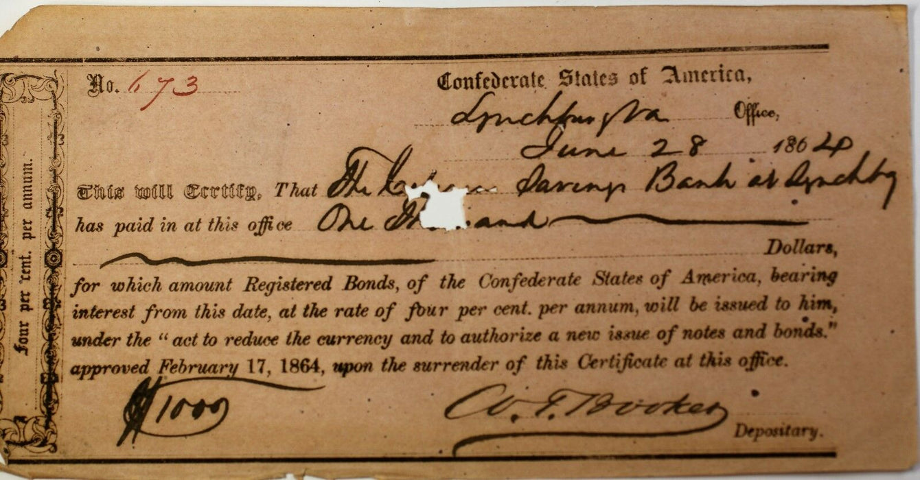 1864 Confederate States Bond June $1000 Dollars Lynchburg Virginia Hand Signed
