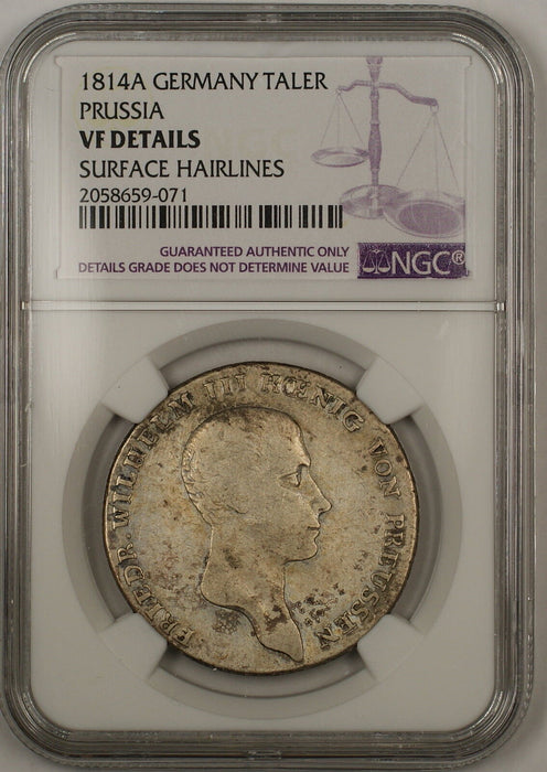 1814A Prussia Germany Silver Taler Coin DAV-2590 NGC VF Details Surface Hairline