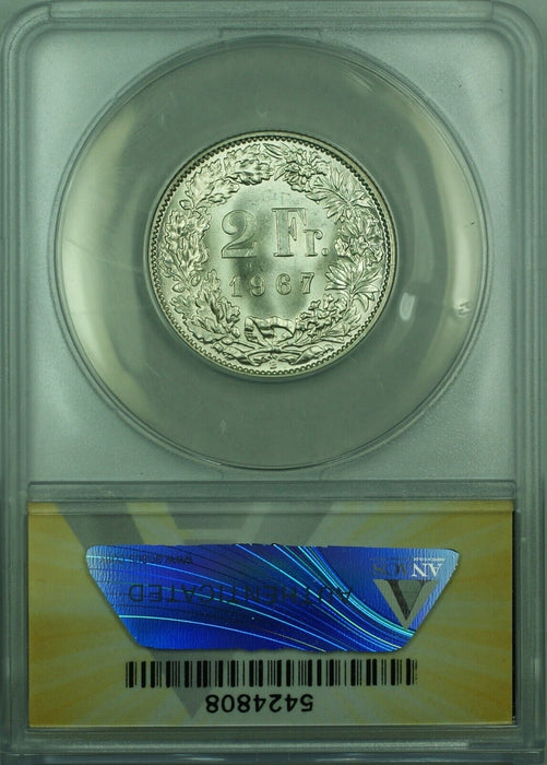 1967-B Switzerland Swiss 2 Franc Silver Coin ANACS MS-63