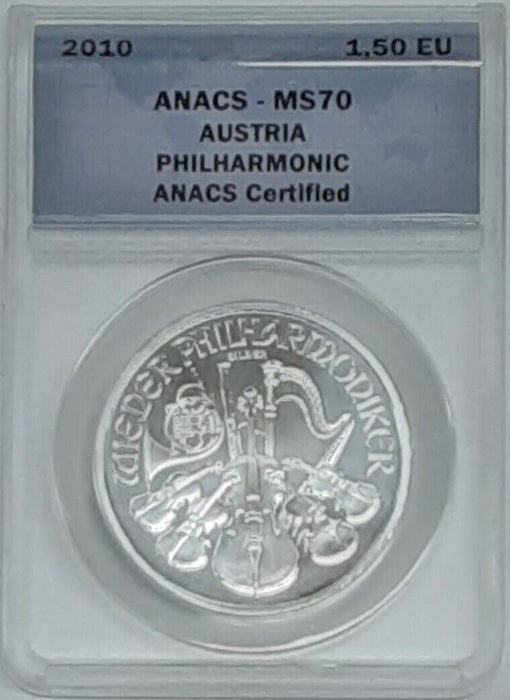2010 Austrian Philharmonic 1 Troy Ounce .999 Fine Silver Coin - ANACS MS-70