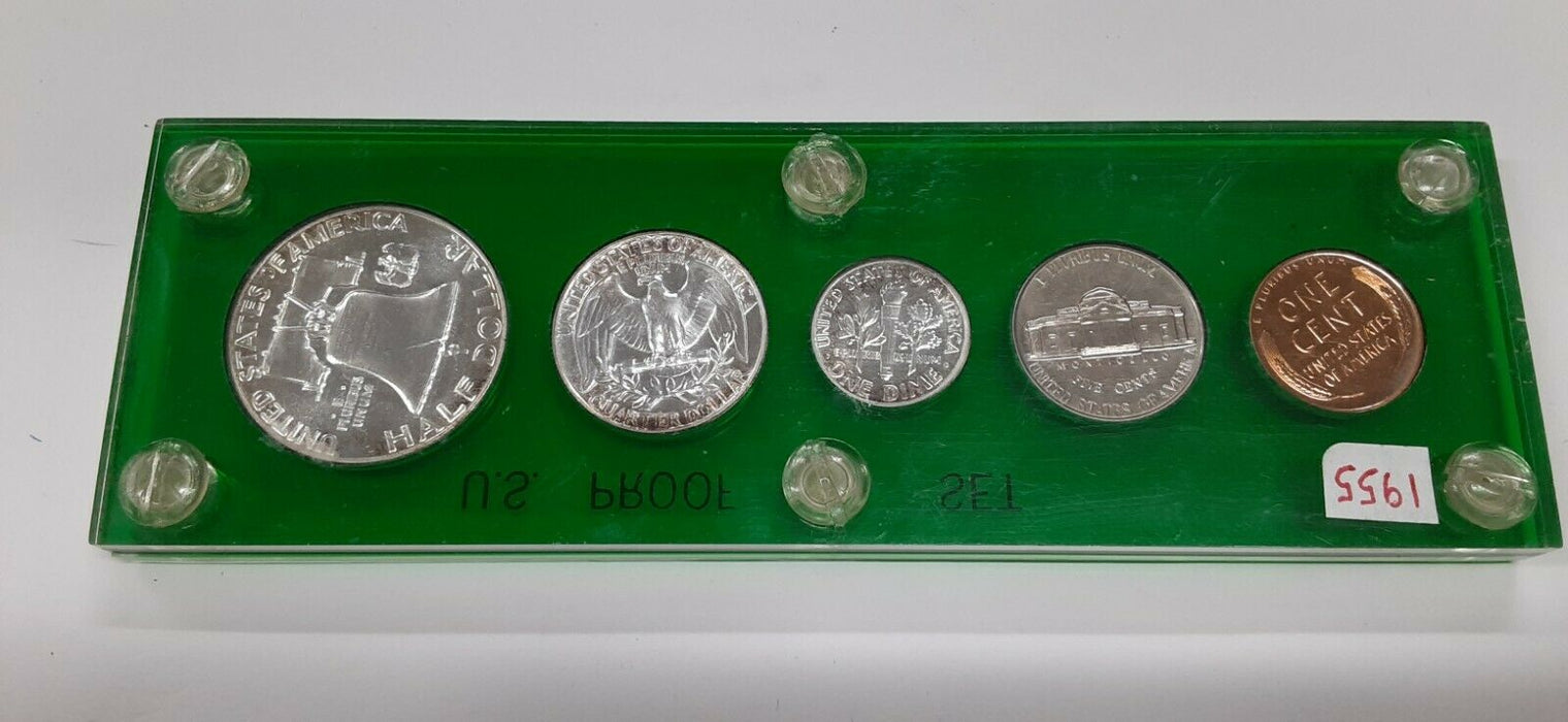 1955 United States Mint 5 Coin Proof Set in Green Acrylic Holder 90% Silver (B)