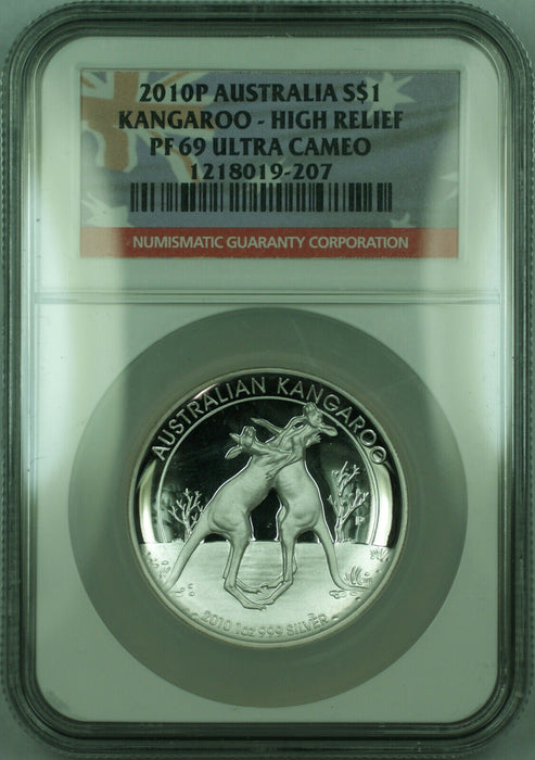 2010-P Australia Silver High Relief 1 Oz Kangaroo Proof $1 Coin NGC PF-69 (A)