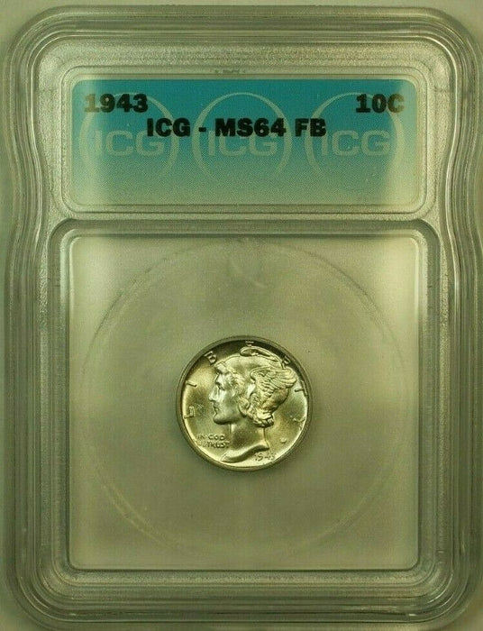 1943 Silver Mercury Dime 10c Coin ICG MS-64FSB E