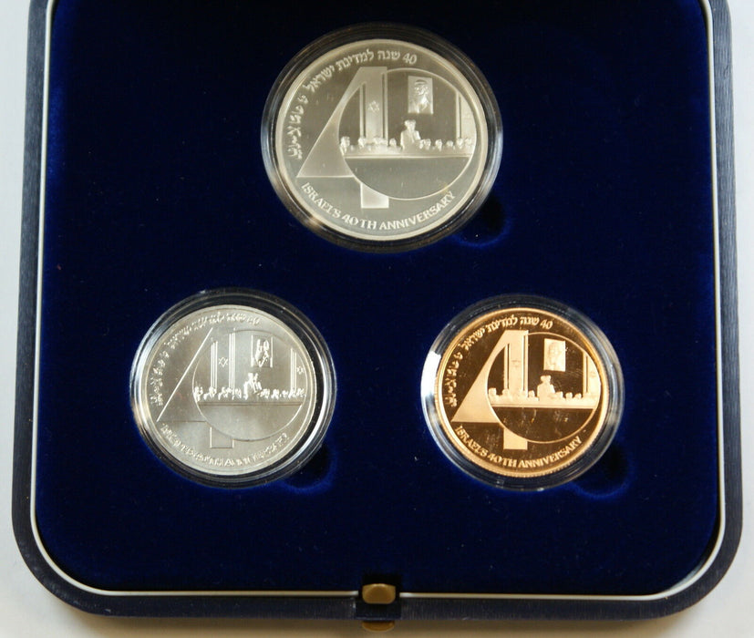 1988 Israel 3 Coin Proof/BU Set, Silver & Gold, 40th Anniversary of Independence