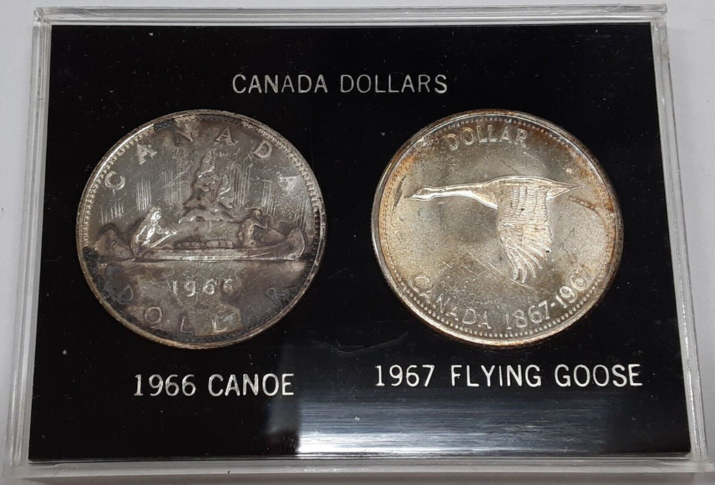 1966 & 1967 Canada One Dollar 80% Silver Coins in Plastic Case - UNC w/Toning