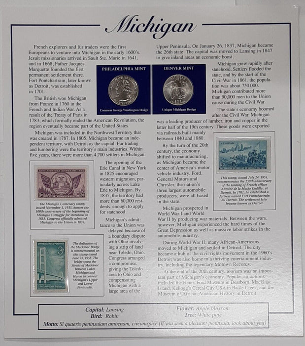 2004 Michigan P&D Quarters/Anniversary of Statehood w/Bonus Stamps On Info Card