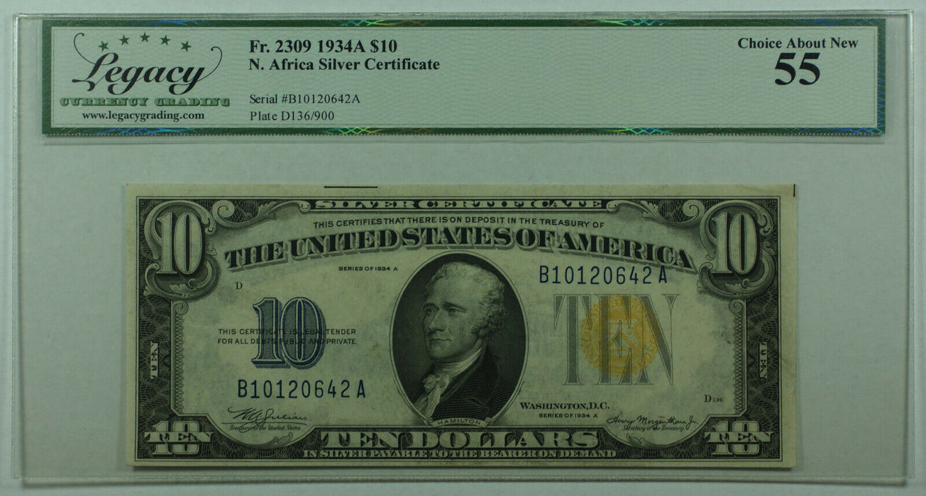 1934-A Ten Dollar North Africa Silver Certificate $10 Fr. 2309 Legacy Choice 55