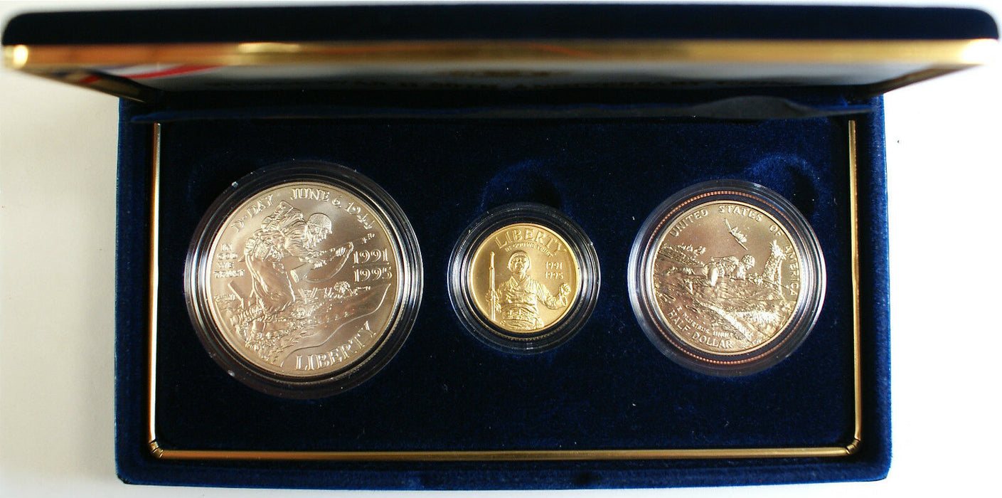 World War II 50th Ann. 3 Coin UNC Set, w/ Gold and Silver, US Mint In Box w/COA