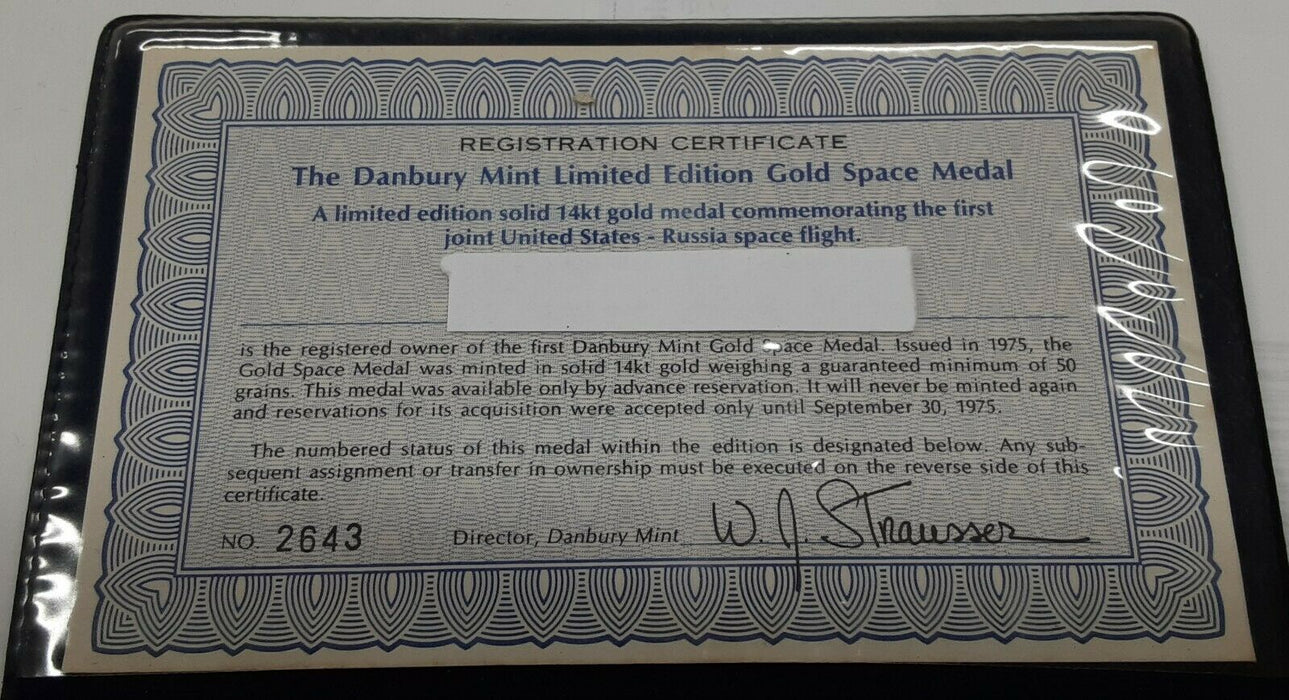 1975 1st Joint Space Station Mission 14K Gold Medal in Danbury Mint Folder w/COA