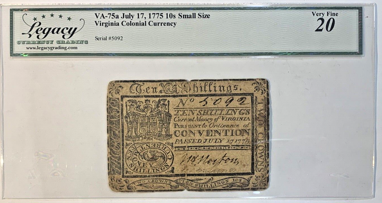 VA-75a July 17, 1775 10s Small Size Virginia Colonial Currency-Legacy VF 20