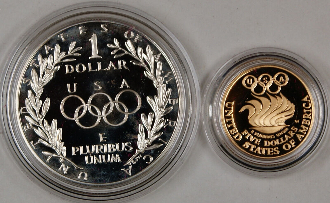 1988-W Proof Olympic Commemorative 2 Coin Set $5 Gold & Silver $1 Dollar OGP