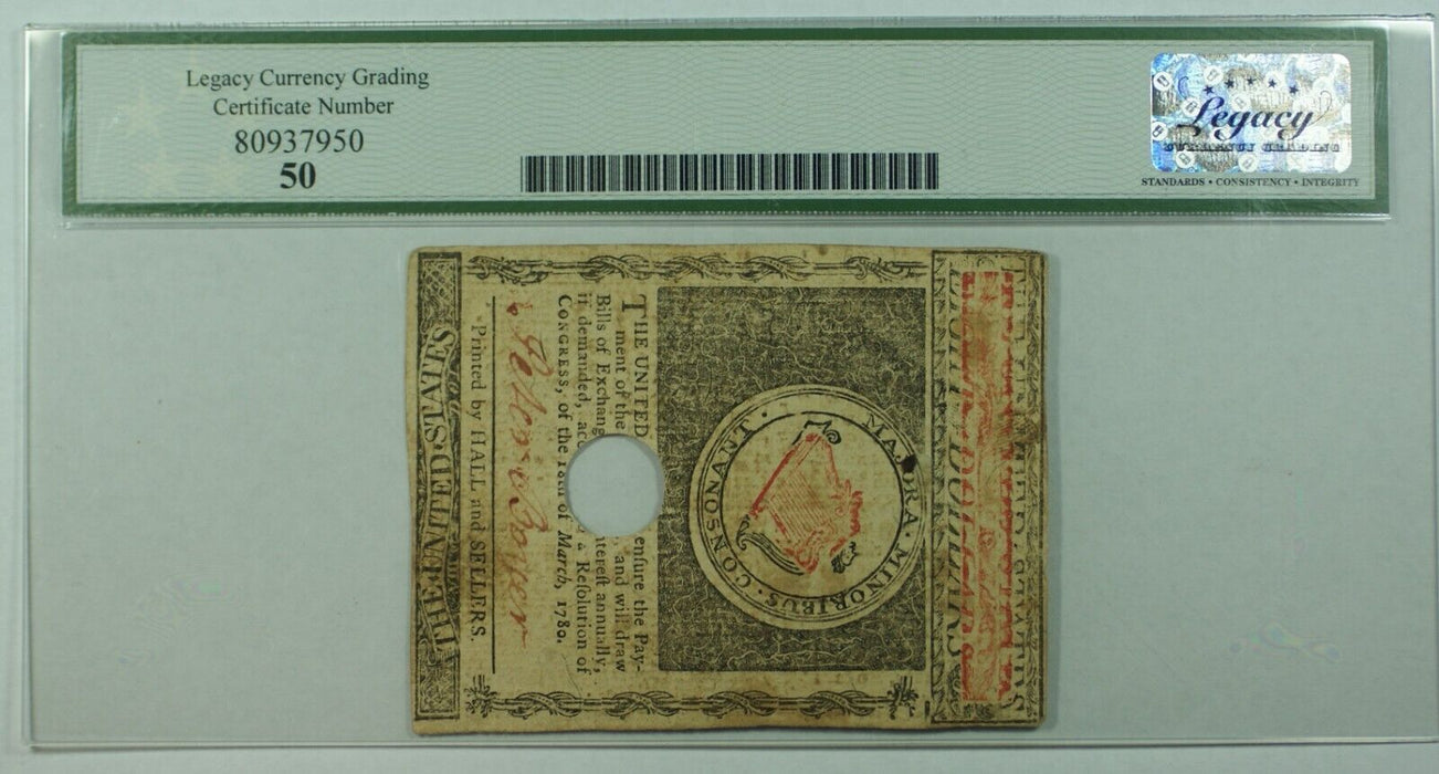 1780 $8 Massachusetts Colonial Currency MA-284 Legacy AU 50