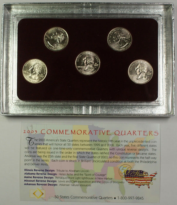 2003 Commemorative Quarters Set 5 Coins Total in Case W/ COA Denver Mint