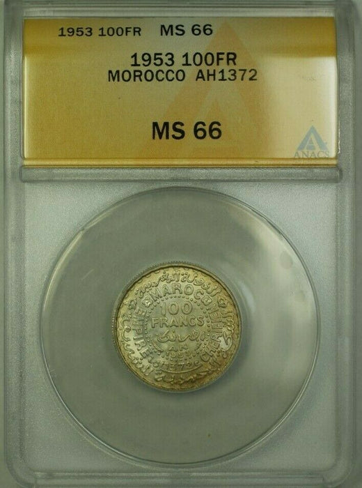 1953 Morocco 100 Francs Coin AH1372 ANACS MS 66