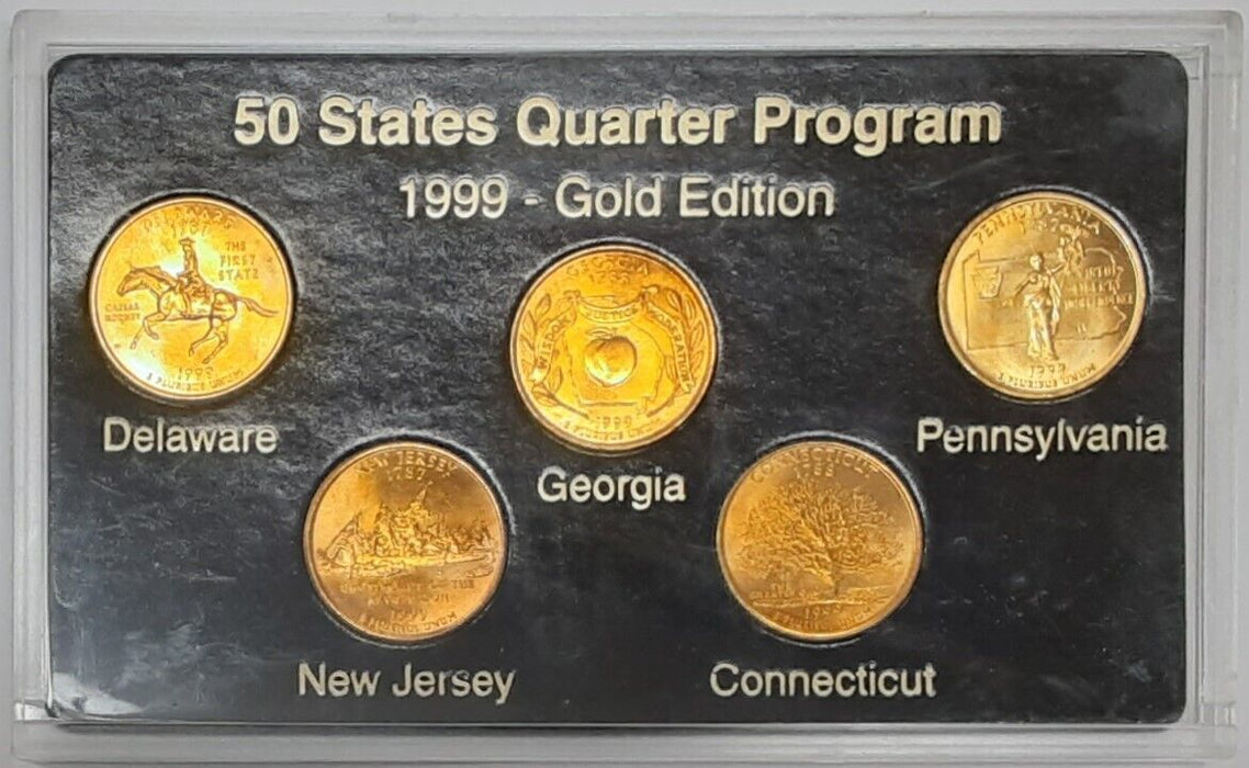 1999 Statehood Quarters Gold Plated Set - 5 Coins Total in Case