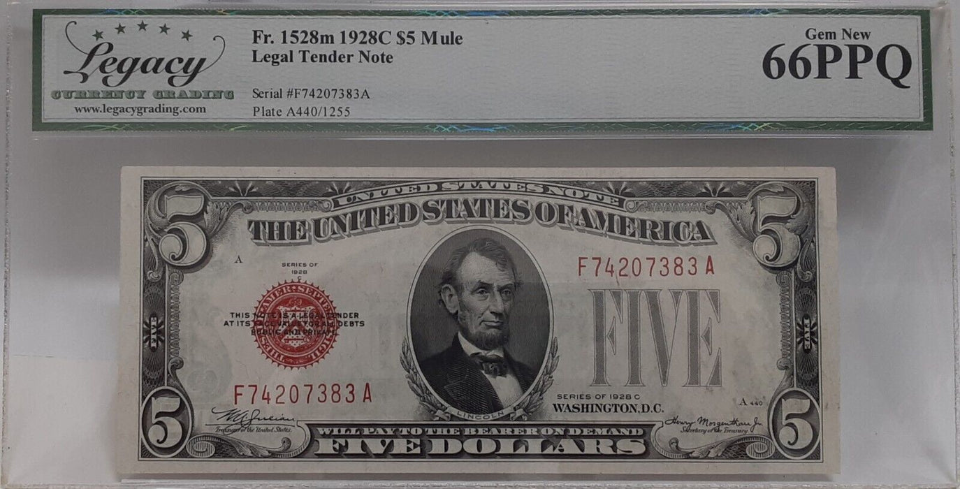 1928-C $5 Legal Tender Note Fr. 1528 Legacy Very Ch New 66 PPQ Not a Mule