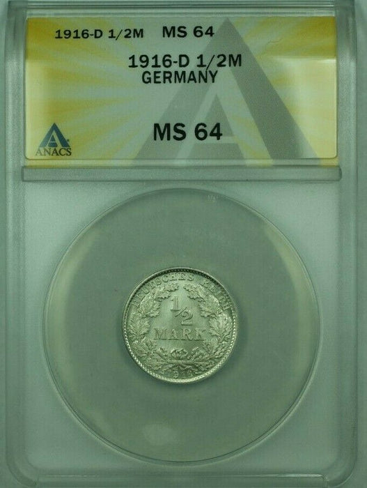 1916-D 1/2M Mark Silver Coin ANACS MS-64
