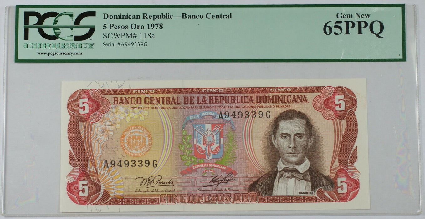 1978 Dominican Republic 5 Pesos Oro Note SCWPM# 118a PCGS 65 PPQ Gem New