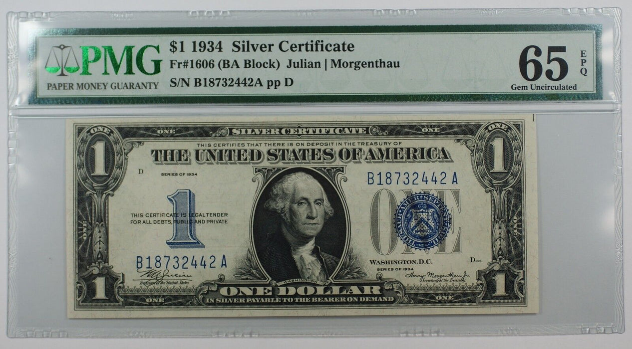1934 One Dollar $1 Silver Certificate FR#1606 (BA Block) PMG GU-65 GEM EPQ WW