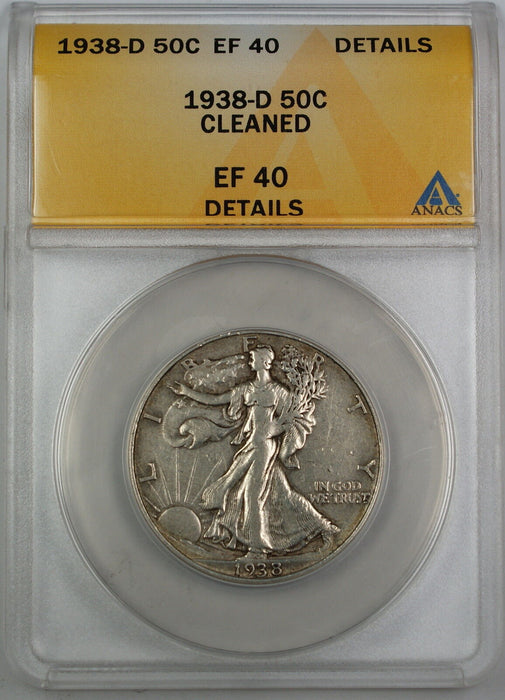 1938-D Walking Liberty Silver Half Dollar, ANACS EF-40 Details, Cleaned Coin