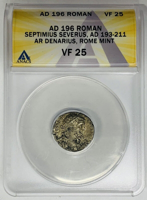 AD 196 Roman Septimius Severus, Denarius Coin ANACS VF 25