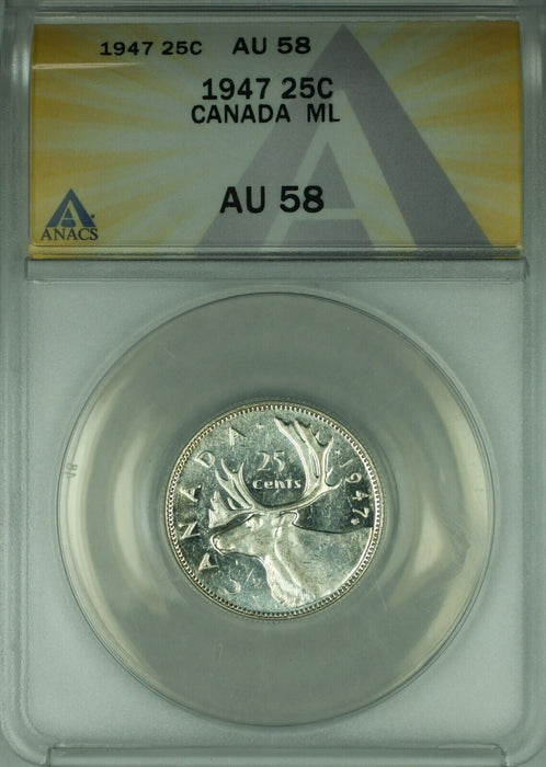 1947 Canada 25 Cents Silver Coin Maple Leaf  P-L  ANACS AU-58 Better Coin (WB3)