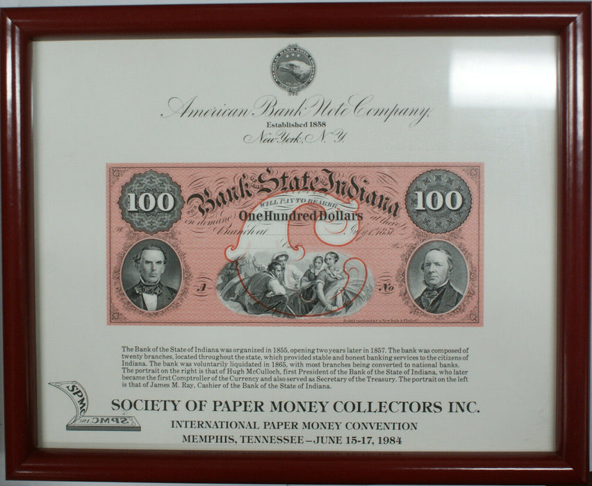 Framed ABNC Souvenir Card SO 37 TN 1984 SPMC $100 Bank of Indiana Red Large Note