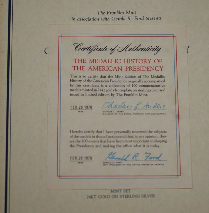 Medallic History of The US Presidency 100 Gold Plated Sterling Silver Medals