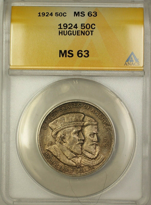 1924 Huguenot Commemorative Silver Half Dollar 50c Coin ANACS MS-63