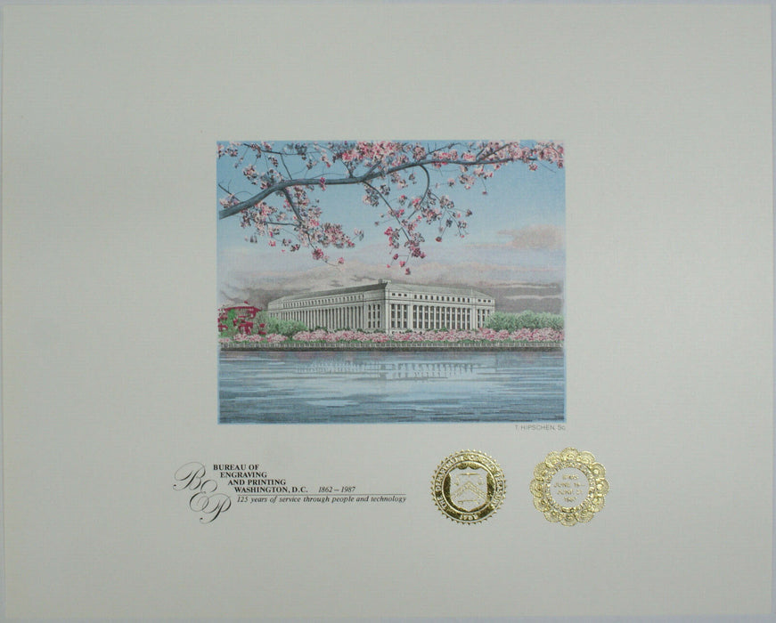 BEP 125th souvenir card B 101D 1987 IPMS Embossed Cherry Blossoms & BEP Building