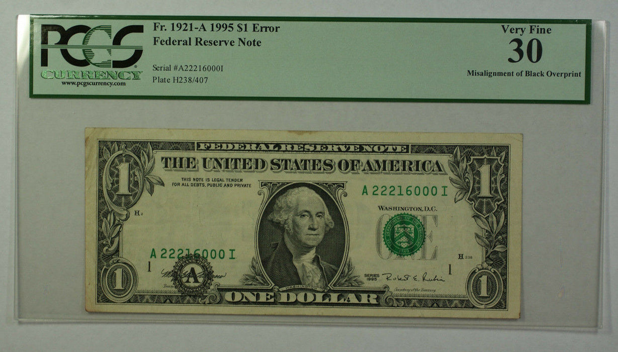 1995 $1 Bill Error Overprint Federal Reserve Note FRN PCGS VF30 Fr. 1921-A
