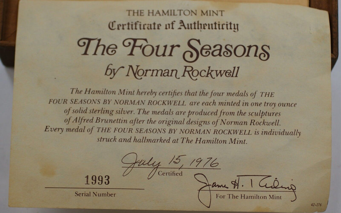 The Four Seasons by Norman Rockwell Sterling Silver Medal Set in Wooden Frame