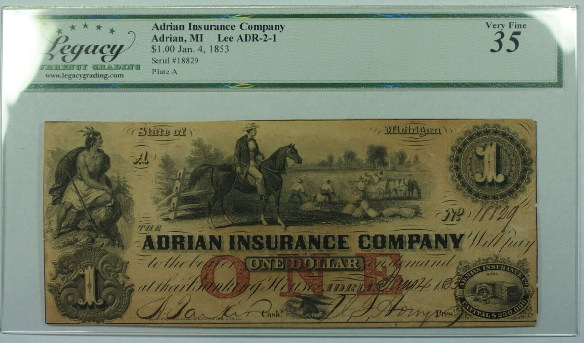 1853 Adrian Ins Co. of Adrian, MI $1 Note Lee ADR-2-1 Legacy VF-35 w/Comments