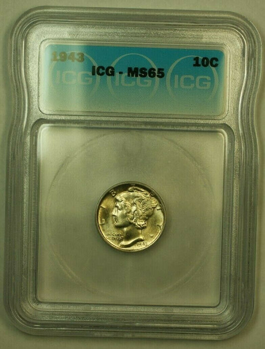1943 Silver Mercury Dime 10c Coin ICG MS-65 OO Lightly Toned