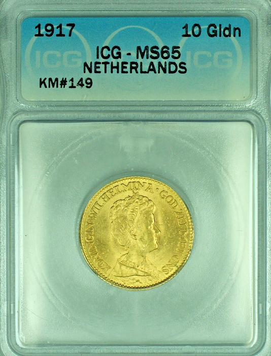1917 Netherlands Gulden Gold Coin ICG MS 65