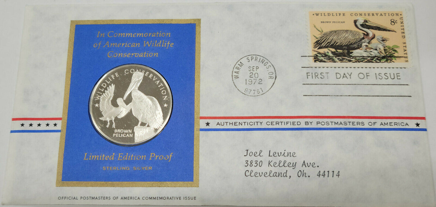 1972 American Wildlife Conservation Brown Pelican Silver Proof Medal with Stamp