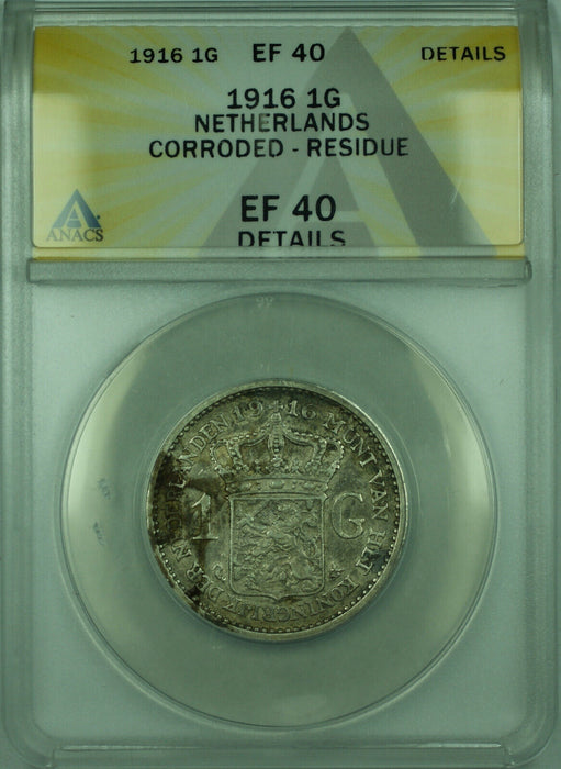 1916 1G Netherlands ANACS EF 40 Details Corroded Residue 1 Gulden Silver KM#148