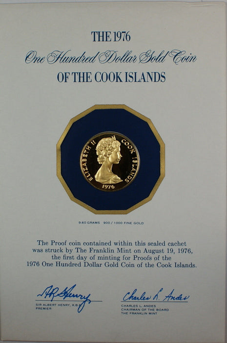 1976 $100 Cook Islands Proof Gold Coin, 900/1000 Fine Gold, Amer. Bicentennial