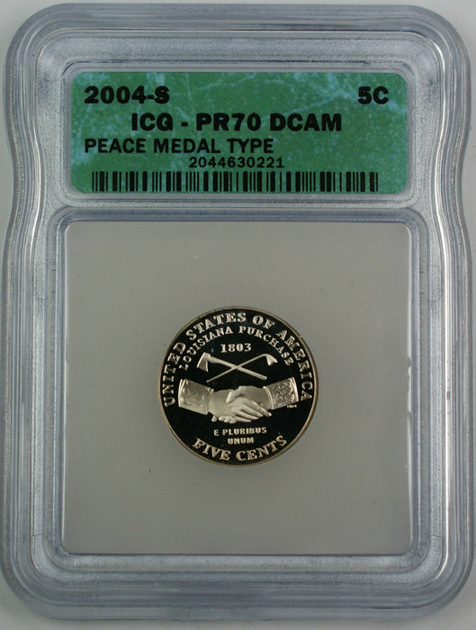 2004-S Proof Jefferson Nickel 5c, ICG PR-70 DCAM, Perfect Coin, Peace Medal