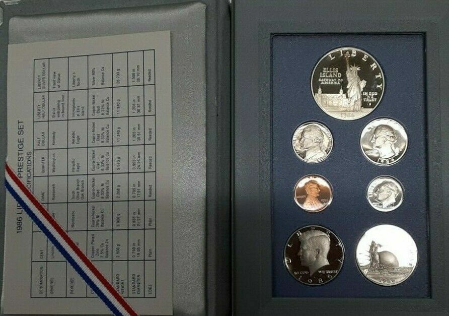 1986-S Prestige Set 7 Gem Proof Coins Statue of Liberty Silver $1 US Mint OGP